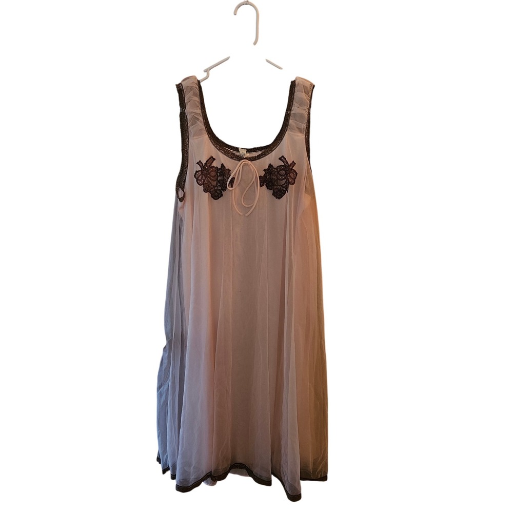 Vintage Val Mode Pink Brown Lace Babydoll Nightgown Sheer Mesh Slip Dress Large